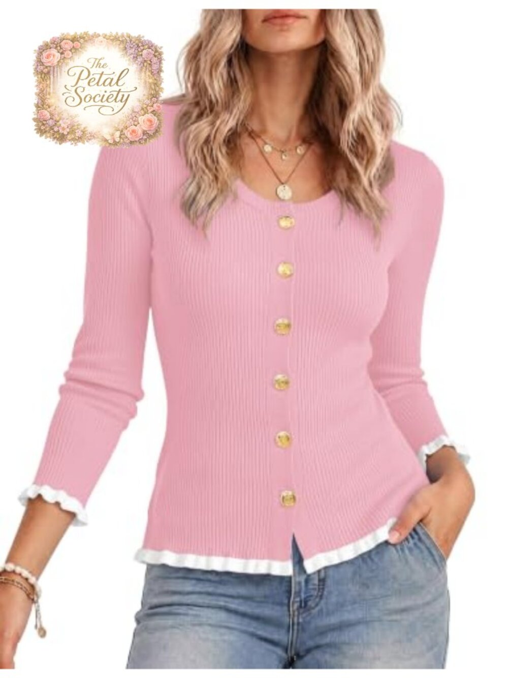 Ruffle Cardigan Sweater Lightweight Long Sleeve Button-Up Layering Piece